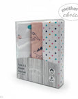 Stork And Baby Mothers Choice 3-pack baby flannel receiver blankets with pink dinosaur and polka dot patterns.