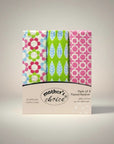 Stork And Baby Mothers Choice 3-pack floral cotton receiving blankets in pink, green, and blue patterns.
