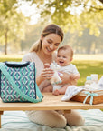 Stork And Baby Mothers Choice insulated bottle warmer bag in mint geo pattern, perfect for travel.