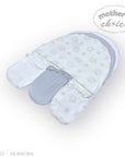 Stork And Baby Mothers Choice 3 pack newborn hats and mittens in white and grey with house pattern. Soft cotton blend.