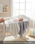 Stork and Baby grey and white 2pk muslin wraps made from bamboo and cotton. Features tree and circle prints.