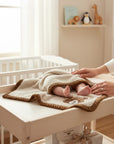 Stork And Baby neutral bear coral fleece baby blanket with brown binding and embroidered face.