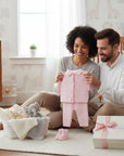 Stork And Baby pink knitted baby outfit with button-up cardigan and pants, with booties and gift box.