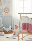 Stork and Baby white long-sleeve baby dress with pink polka dot tulle skirt, size 18M