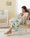 Stork And Baby 100% Polyester receiver blanket with a playful jungle animal print in white, blue, and orange.