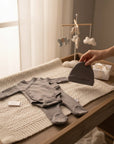 Stork And Baby grey ribbed cotton preemie 3-piece set with bodysuit, footed pants, and hat.