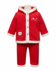 Stork And Baby red coral fleece tracksuit with white trim and "Love" embroidery. Hooded jacket and pants.