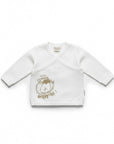 Stork And Baby white crossover knit cardigan with sheep graphic and "mon adorable" text. Soft cotton for baby.