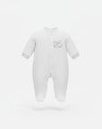 Stork And Baby white footed sleeper with silver train embroidery, 6-9 months