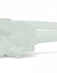 Stork And Baby white girls alice band featuring delicate lace flowers and a central rose accent for formal wear.