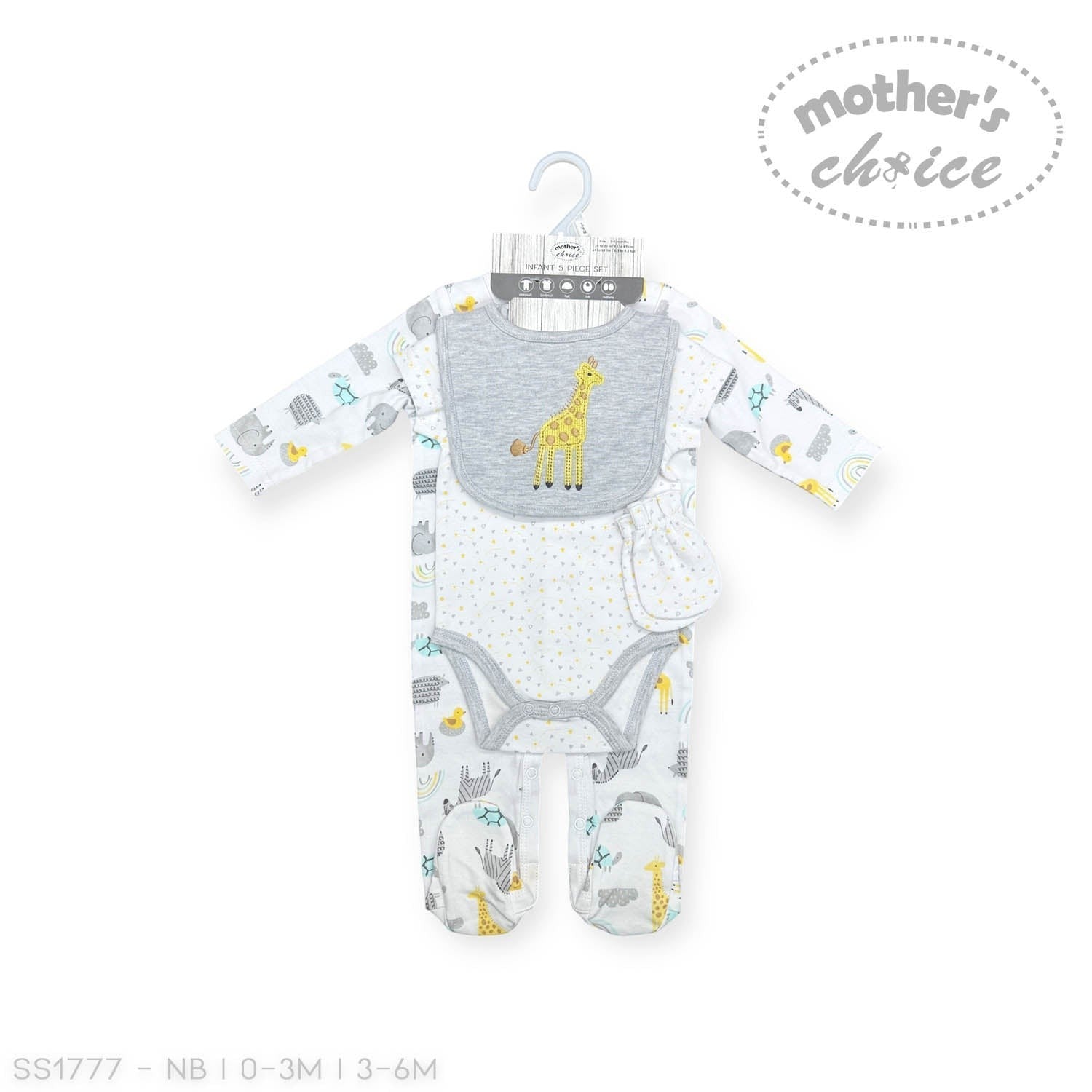 Baby outfit with bib and pants on a hanger, featuring animal prints, with 'Mother's Choice' branding.