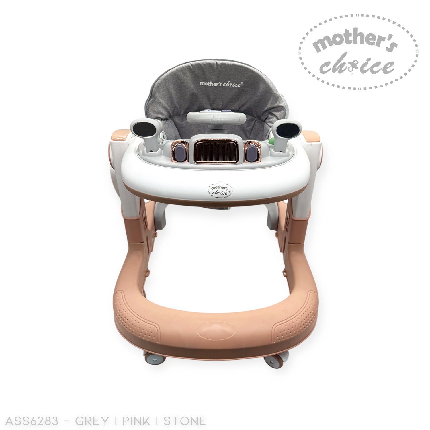 Baby walker with 'mother's choice' branding on a white background