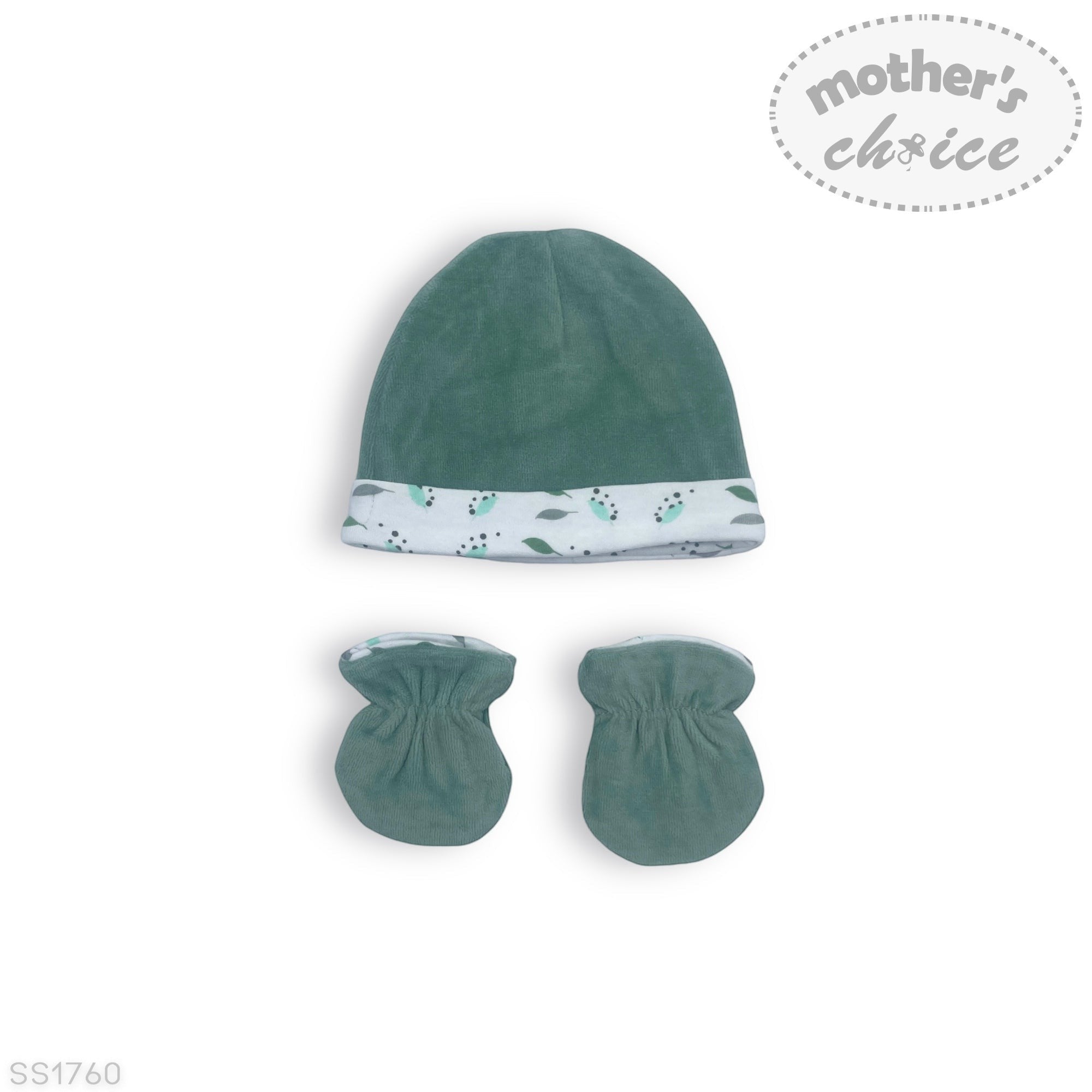 Green baby hat and mittens set with 'Mother's Choice' branding on a white background