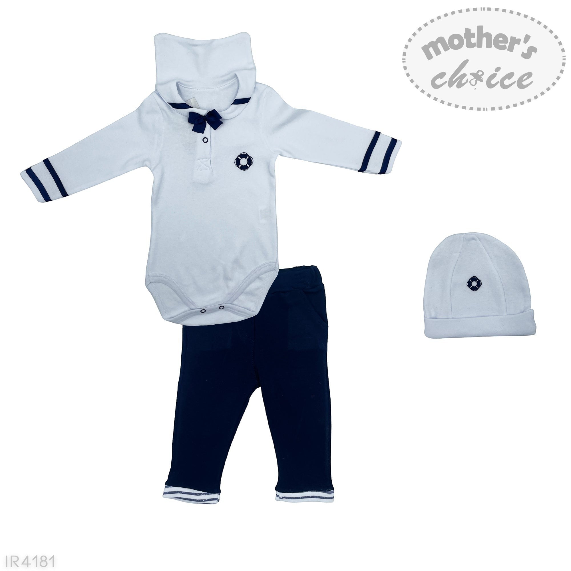 Baby outfit set with white onesie, navy pants, and hat on a white background, featuring 'mother's choice' branding.