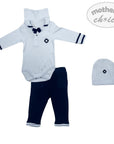 Baby outfit set with white onesie, navy pants, and hat on a white background, featuring 'mother's choice' branding.