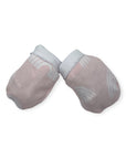Pair of baby mittens with gray and white pattern on a white background