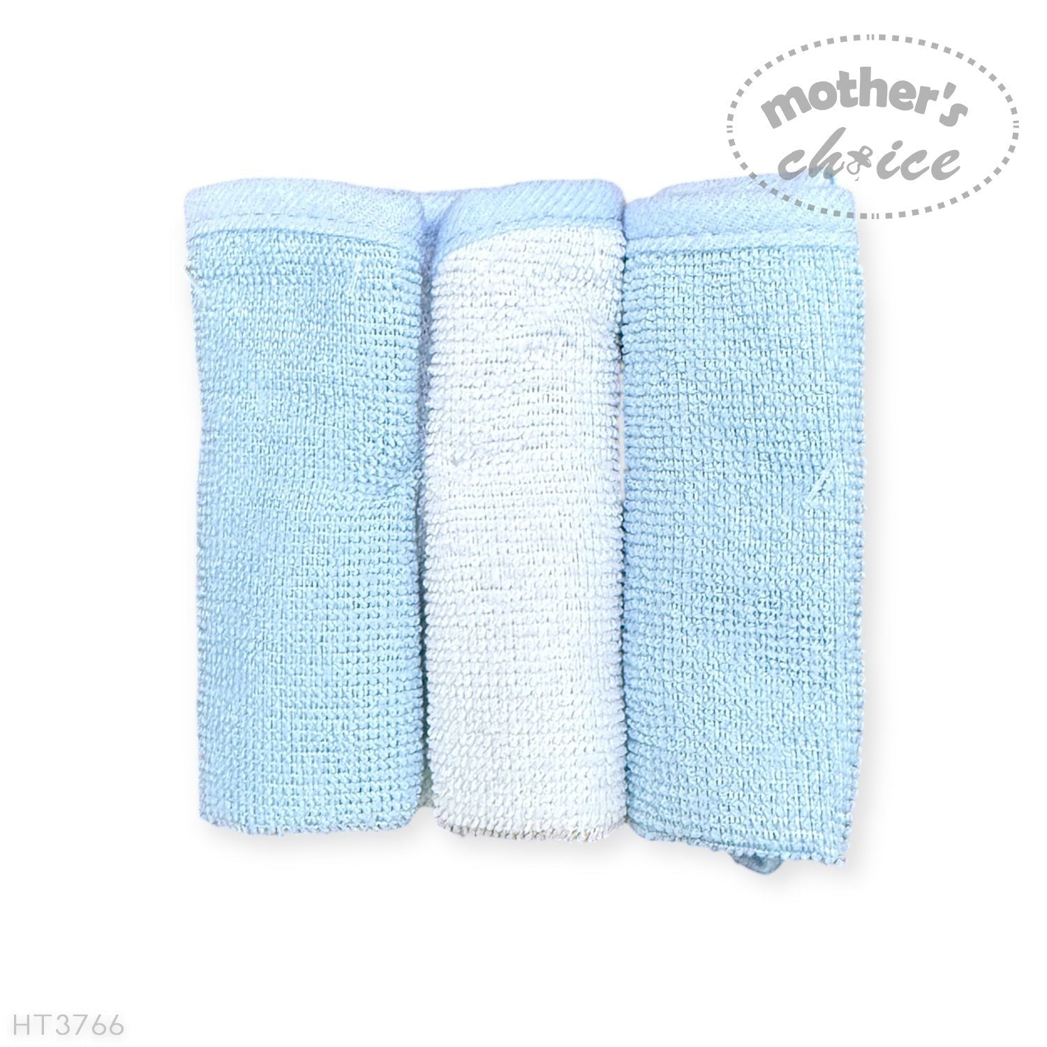 Three folded baby blankets in light blue and white on a white background with 'Mother's Choice' branding.