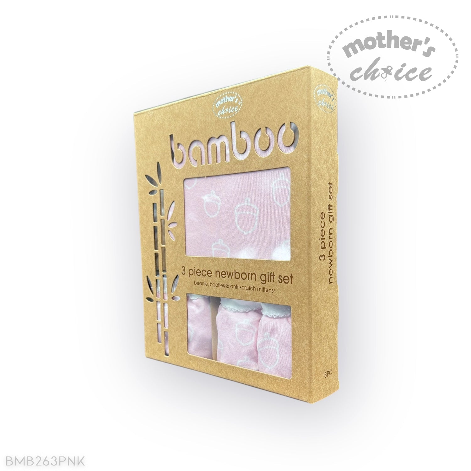 Bamboo 3-piece newborn gift set packaging with pink baby clothes on a white background