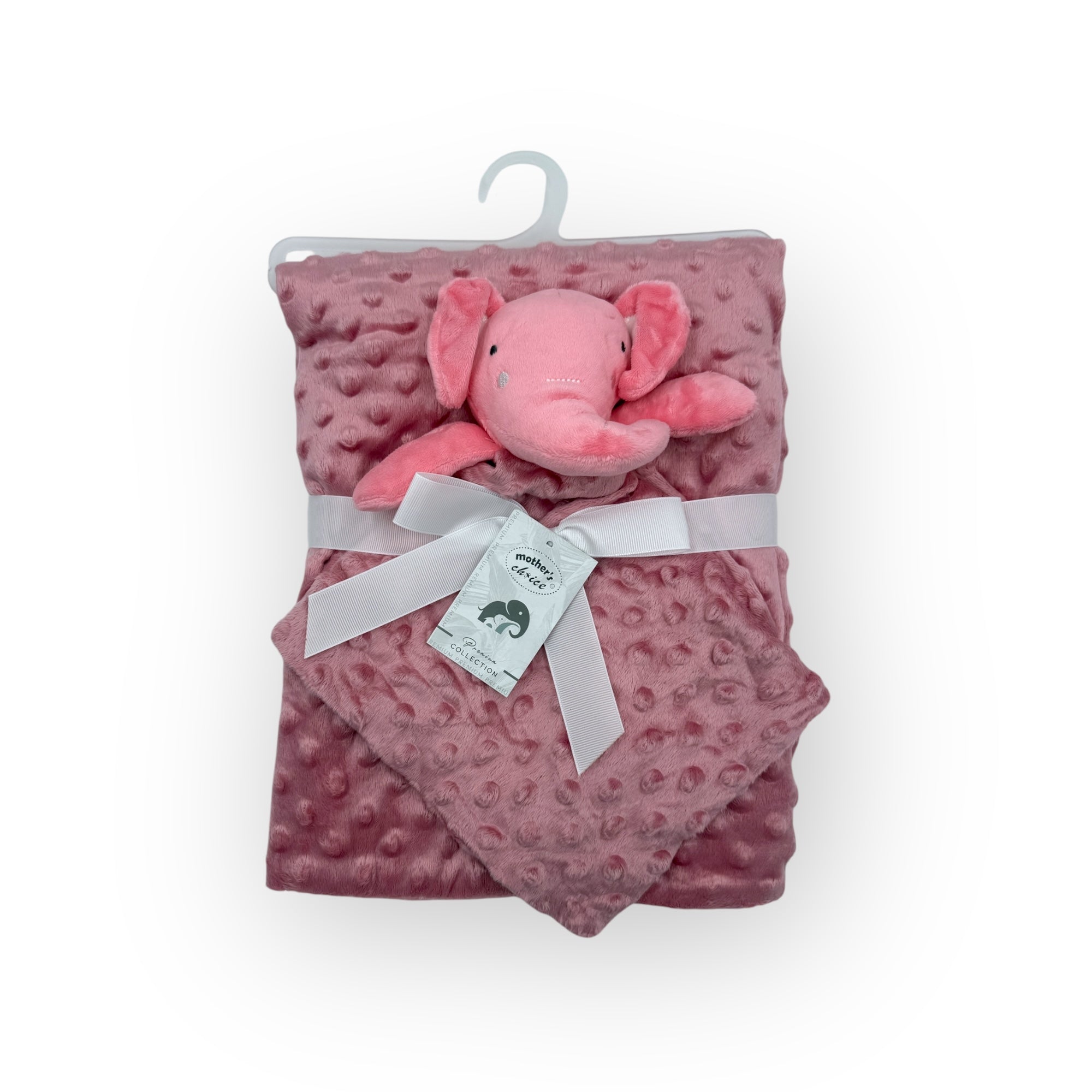 Pink plush elephant toy with matching blanket on a white background