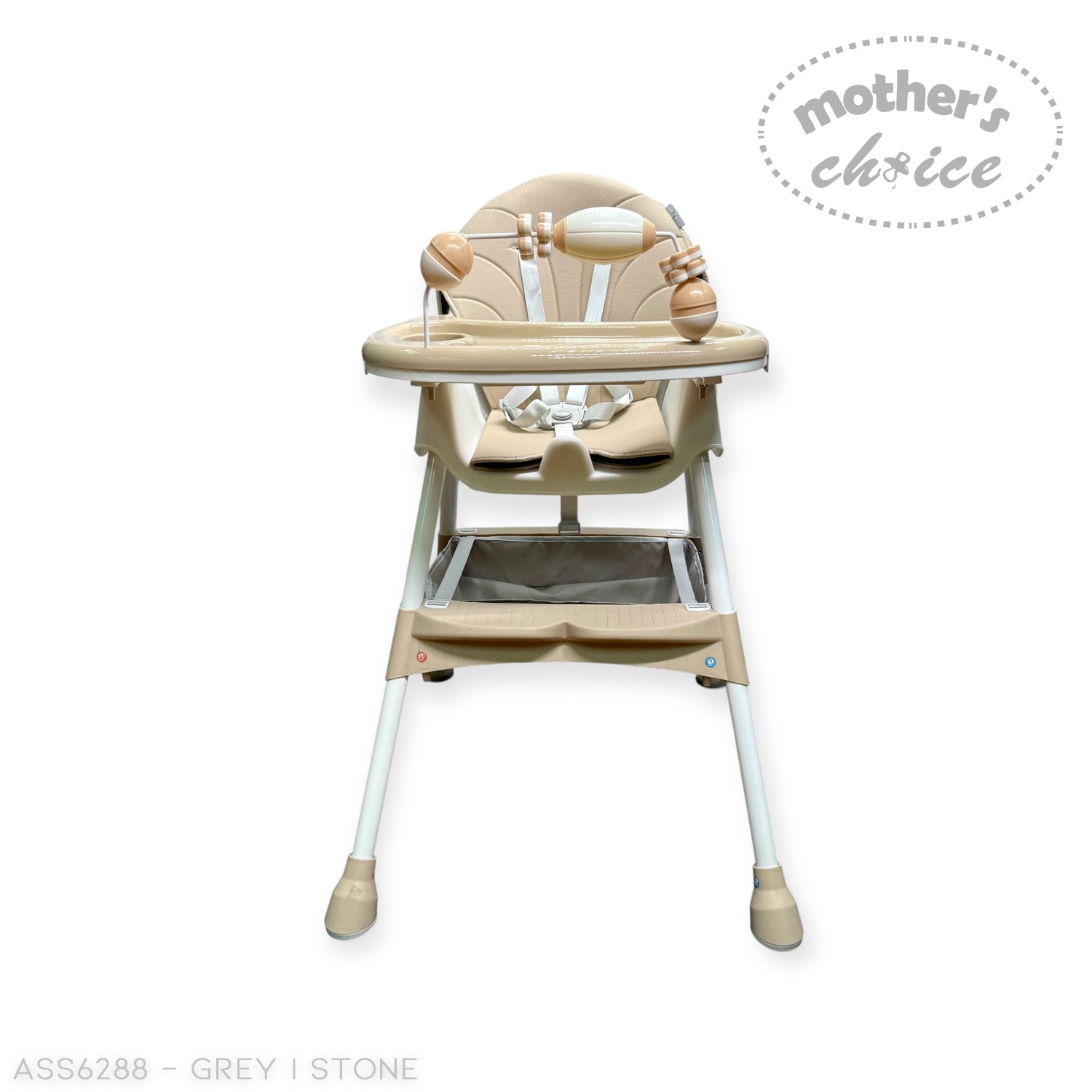 Beige and white high chair with 'Mother's Choice' branding on a white background