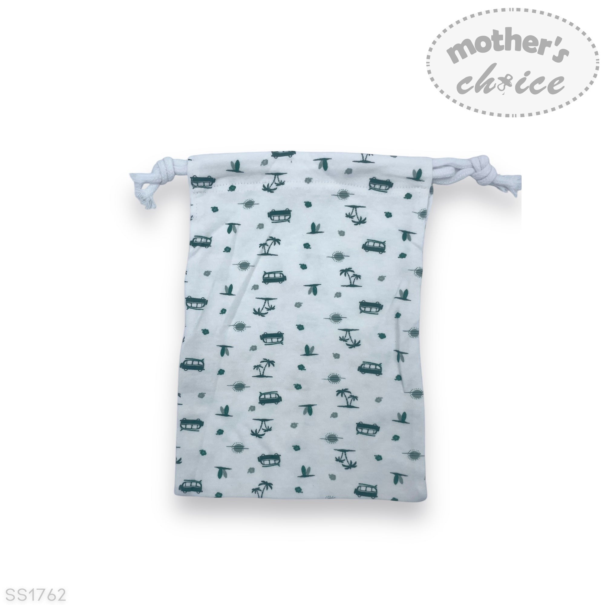 Drawstring bag with vehicle pattern on a white background, featuring 'mother's choice' branding.
