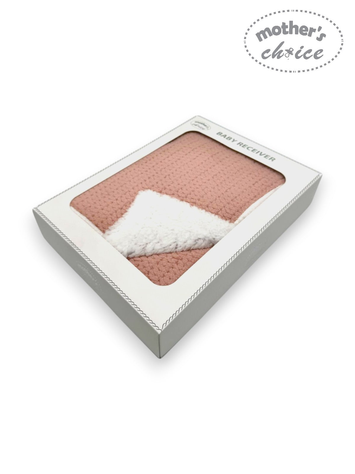 Pink baby blanket with white trim in a box labeled 'Mother's Choice' on a white background