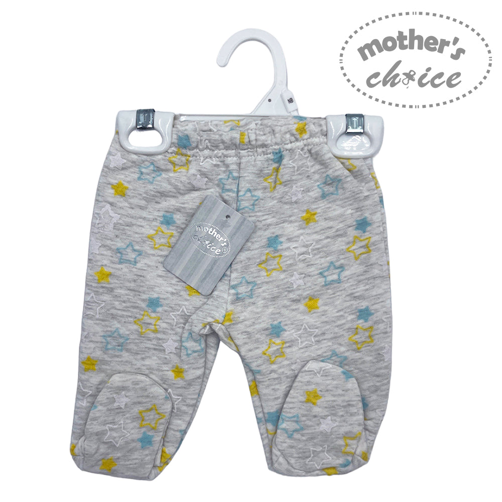 Gray baby pants with star patterns on a hanger, branded 'Mother's Choice'.