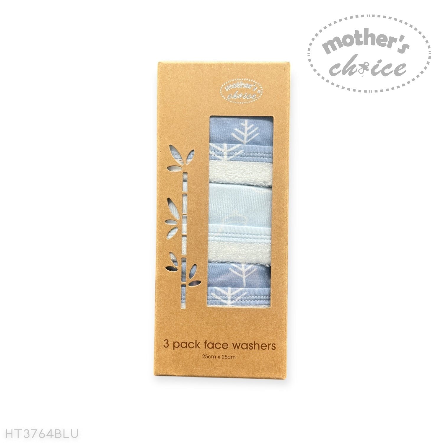Pack of three face washers in a 'Mother's Choice' branded box on a white background