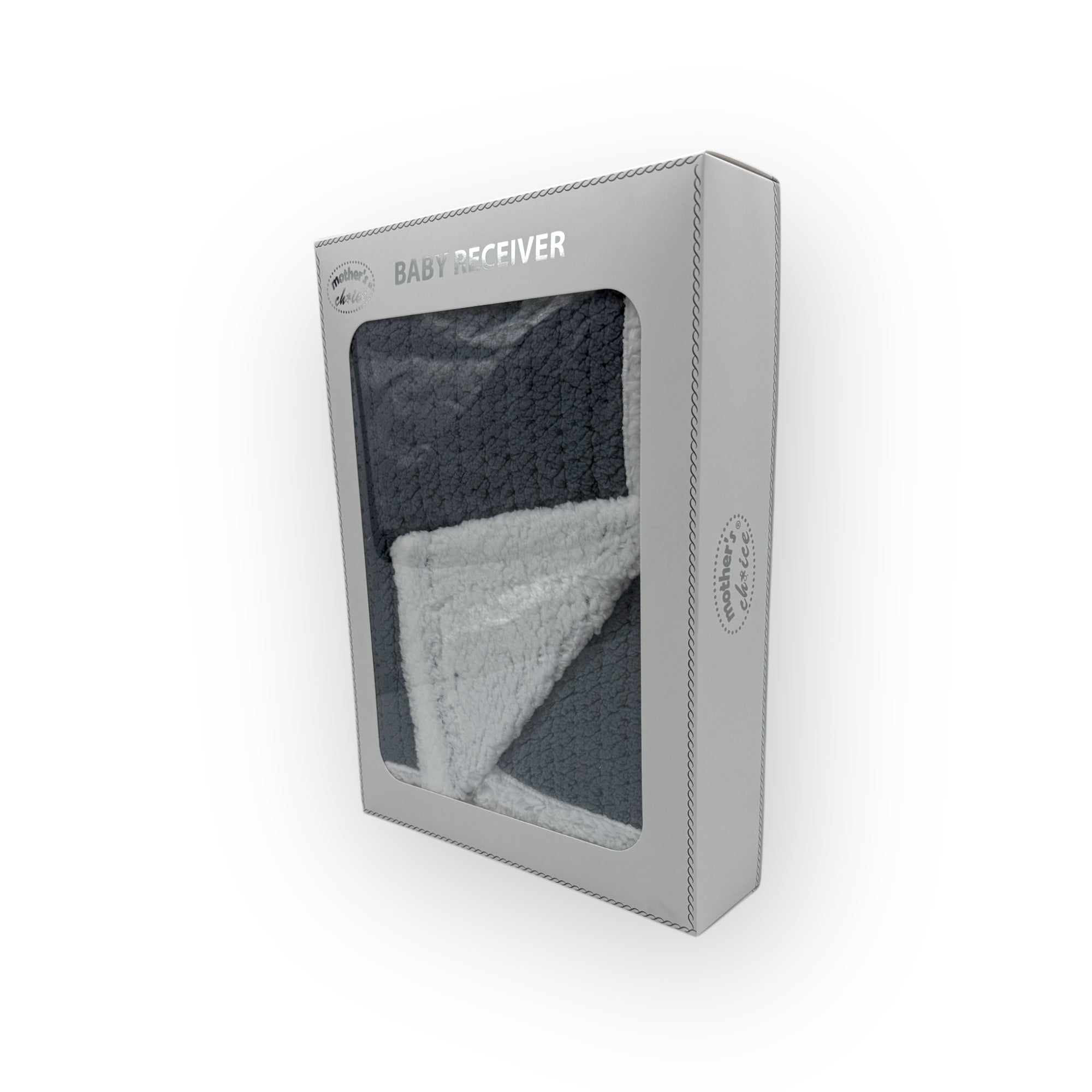 Gray baby blanket in a packaging box on a white background