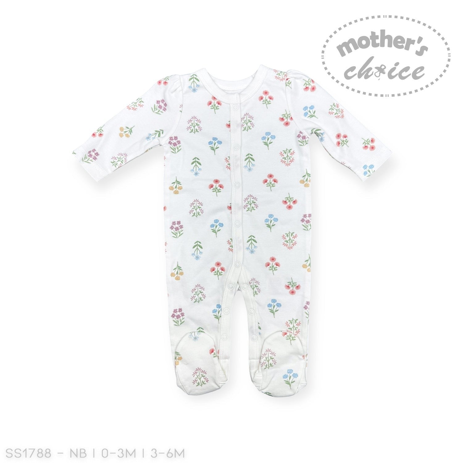 Baby onesie with floral pattern on a white background, featuring 'Mother's Choice' branding.