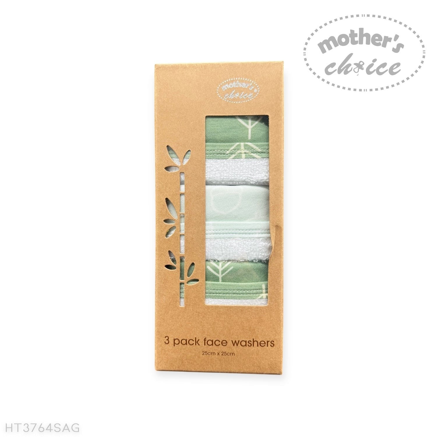 Pack of three face washers in a 'Mother's Choice' branded box on a white background