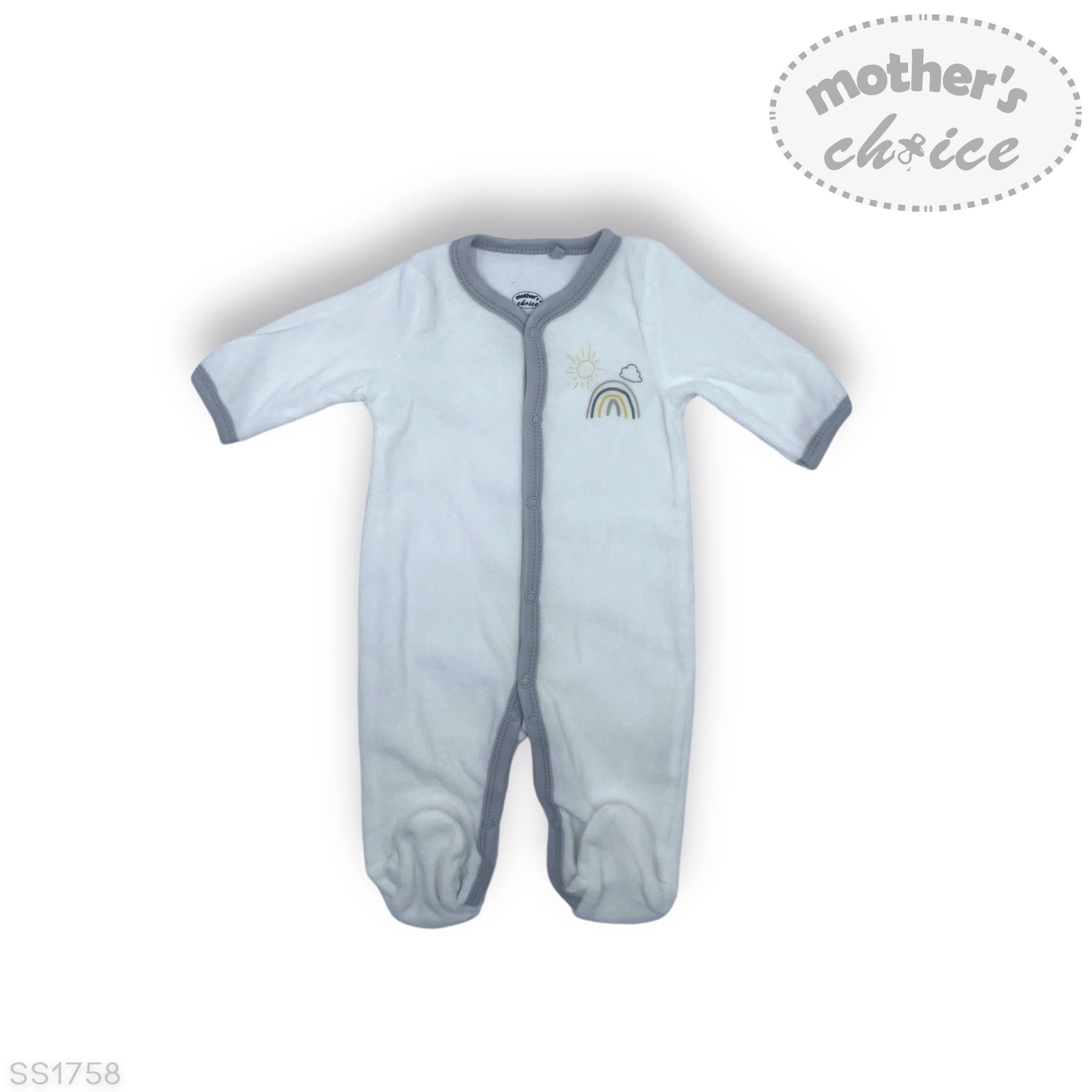 Baby onesie with a rainbow design on a white background, branded 'Mother's Choice'.