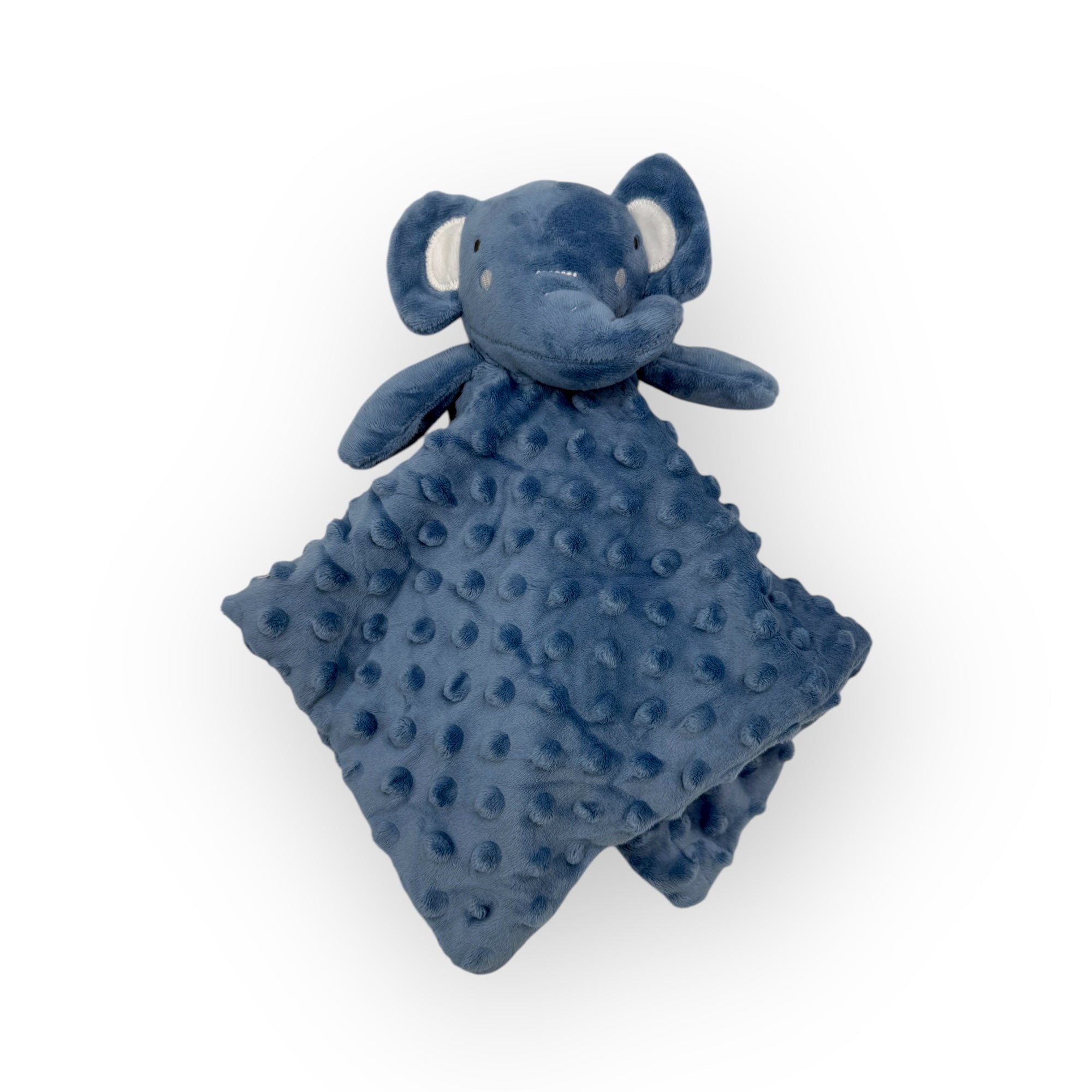 Blue textured security blanket with elephant shape on a white background