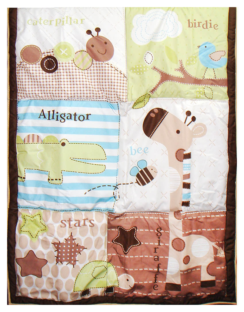 Children's quilt with animal-themed patches and text on a white background