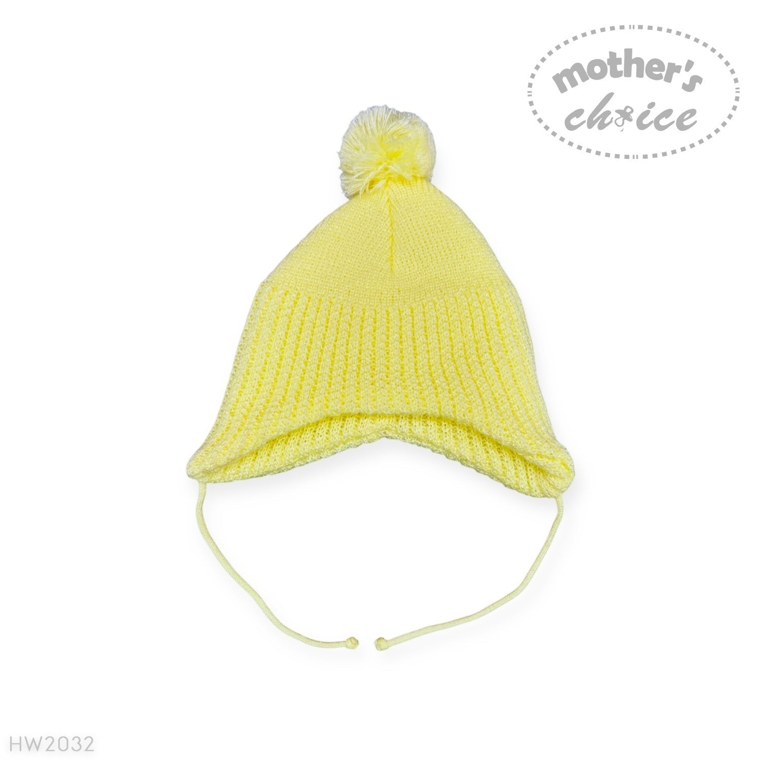 Yellow knit baby hat with a pom-pom on a white background, branded 'Mother's Choice'.