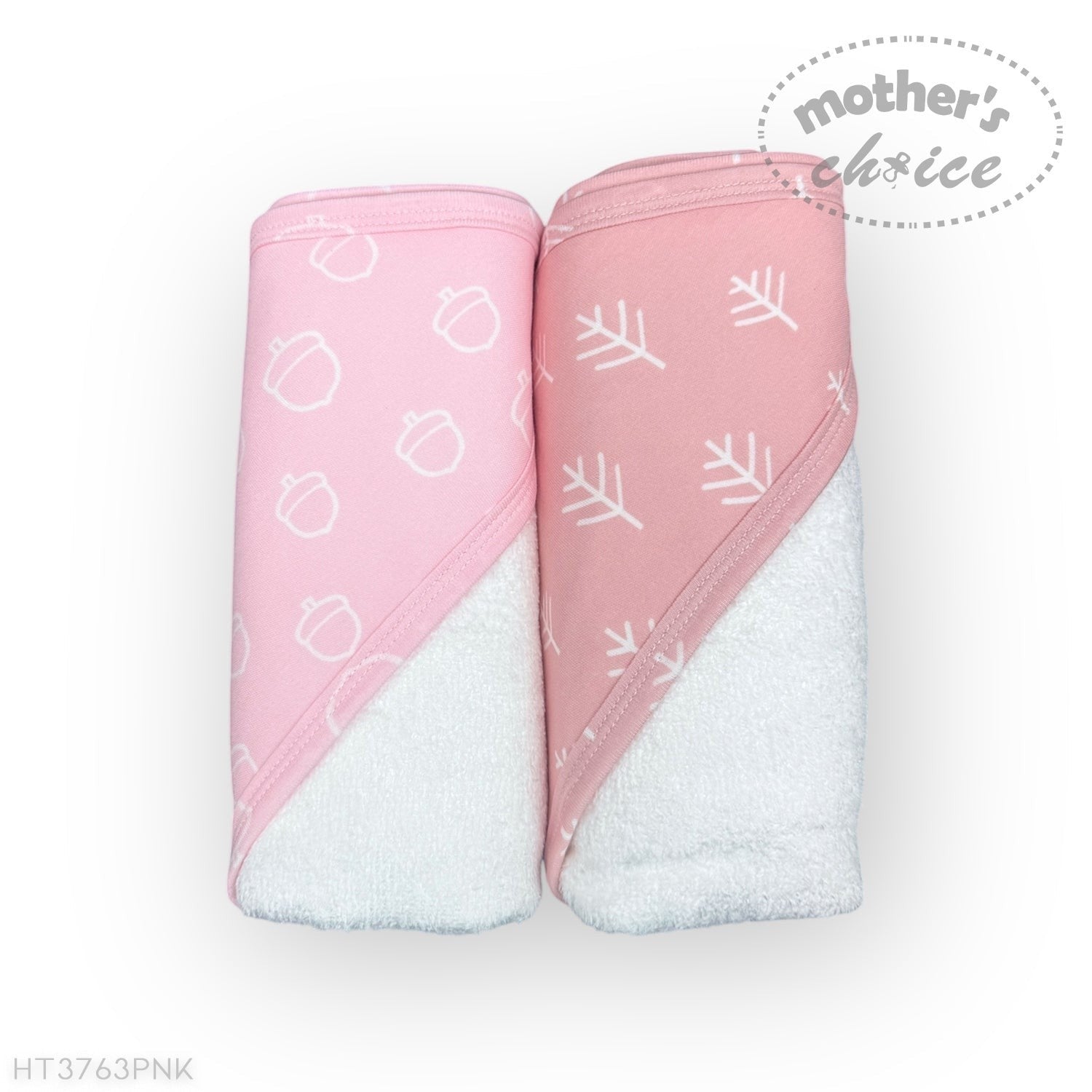 Two pink baby blankets with white patterns on a white background, branded 'Mother's Choice'.