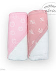 Two pink baby blankets with white patterns on a white background, branded 'Mother's Choice'.