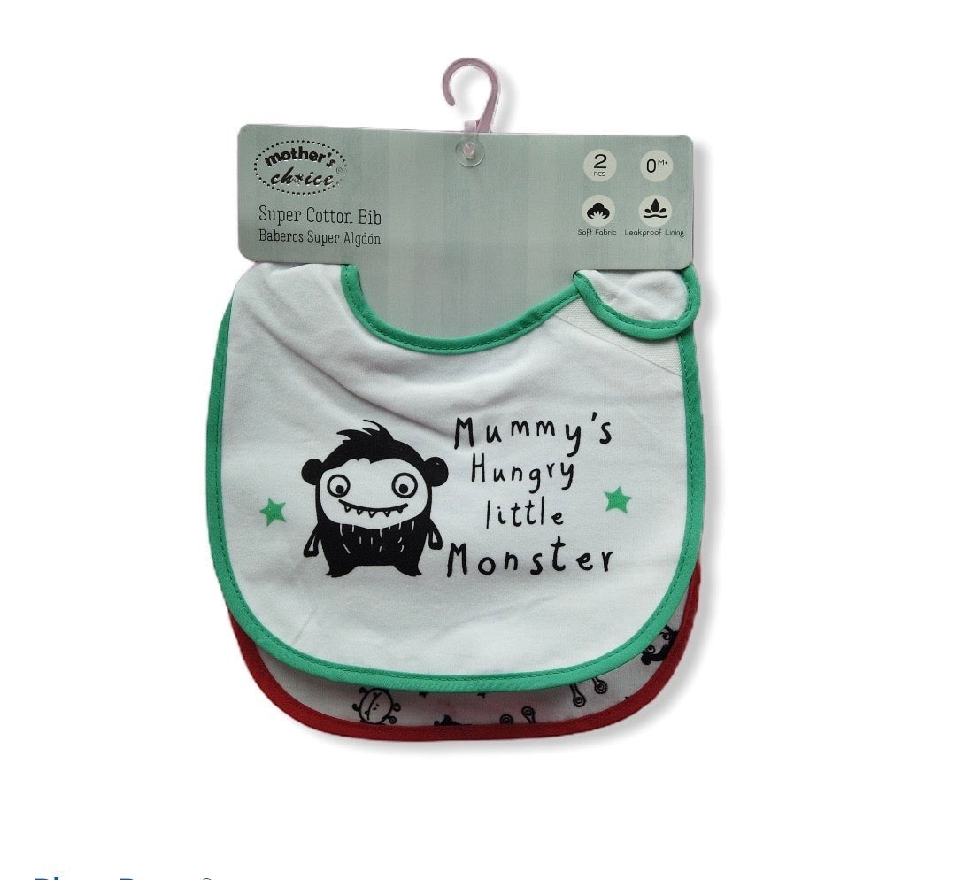 Baby bib with 'Mummy's Hungry Little Monster' text and cartoon character, on a white background.