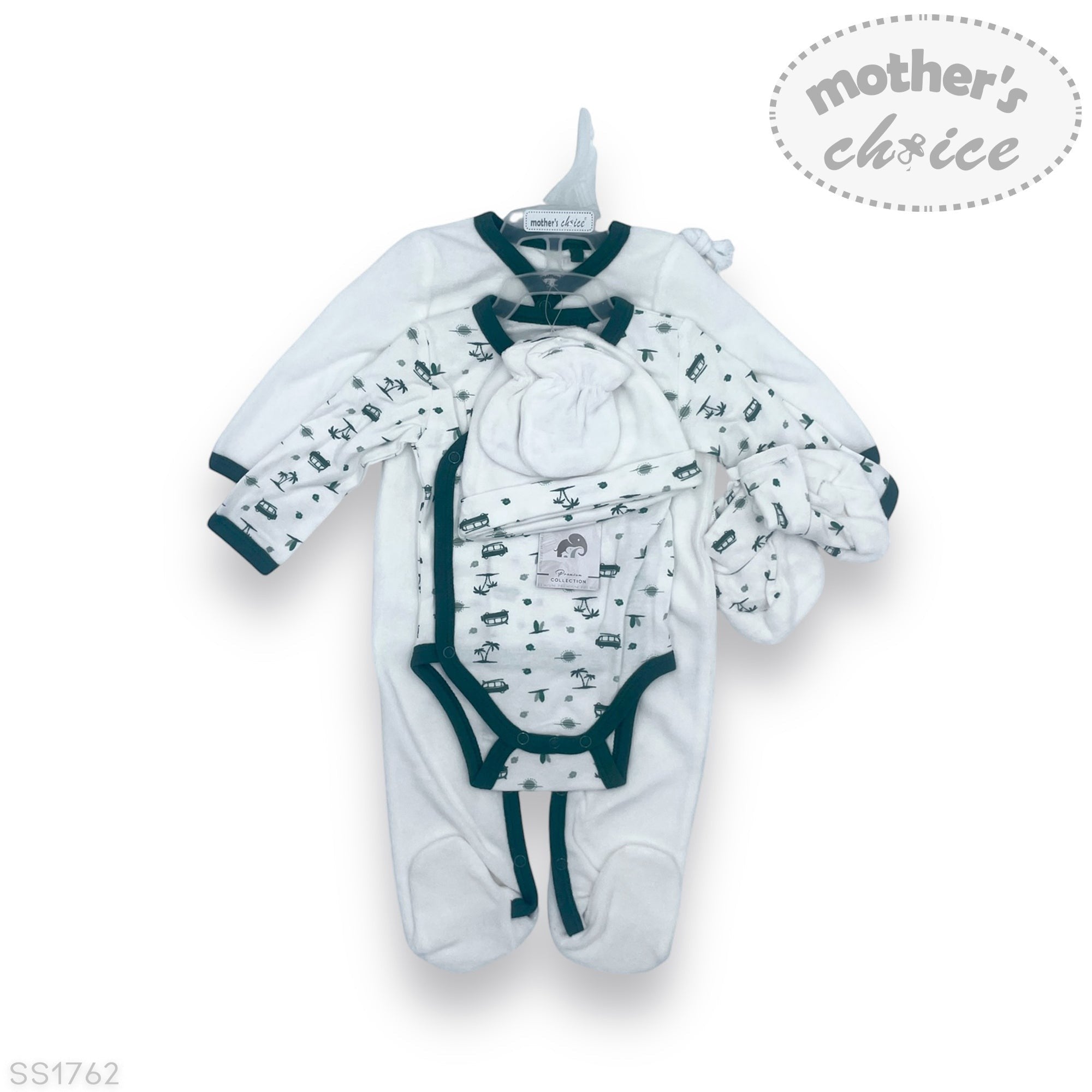 Baby outfit set with white and green patterns on a white background, featuring 'Mother's Choice' branding.