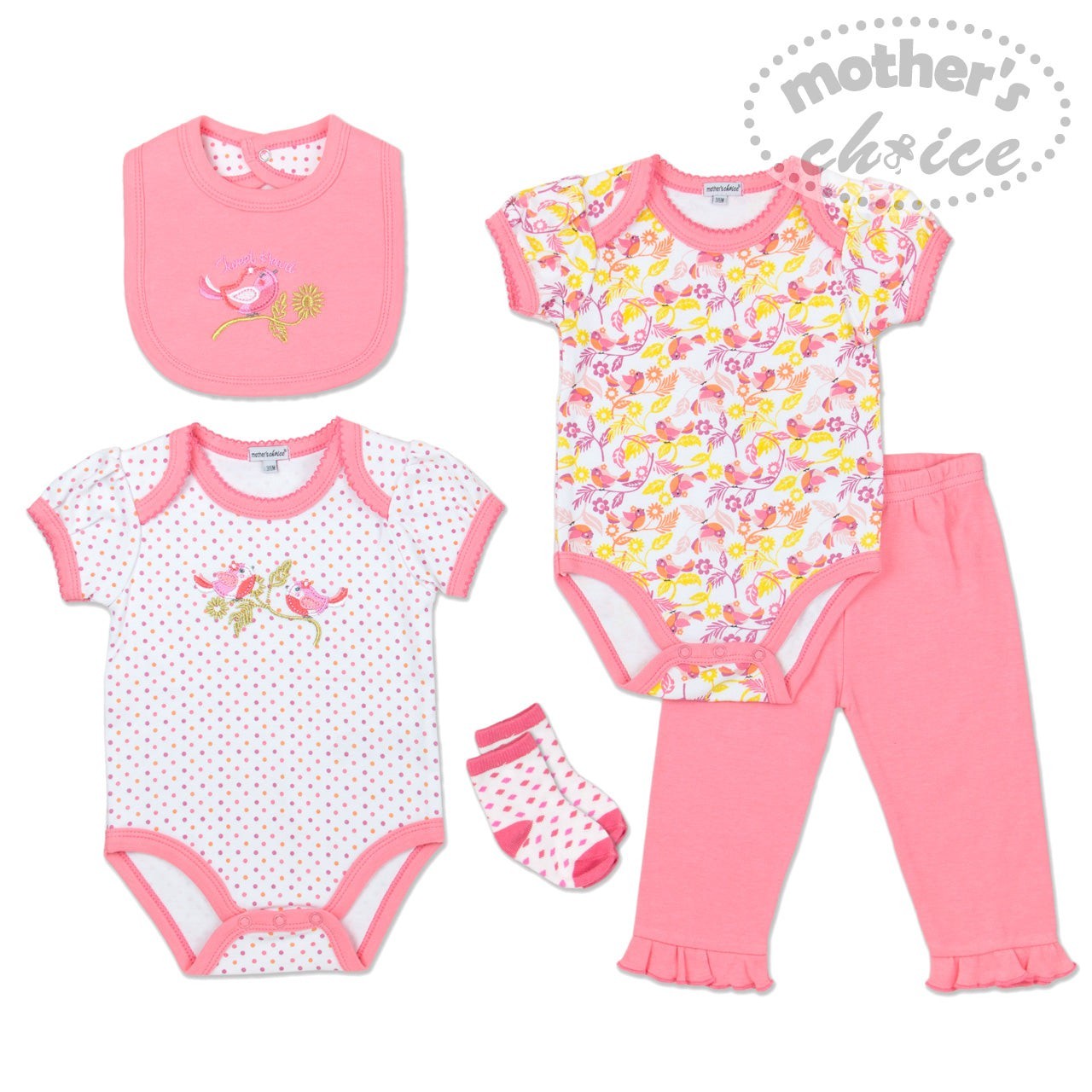 Baby clothing set with bodysuits, pants, bib, and socks on a white background with 'Mother's Choice' branding.