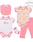 Baby clothing set with bodysuits, pants, bib, and socks on a white background with 'Mother's Choice' branding.