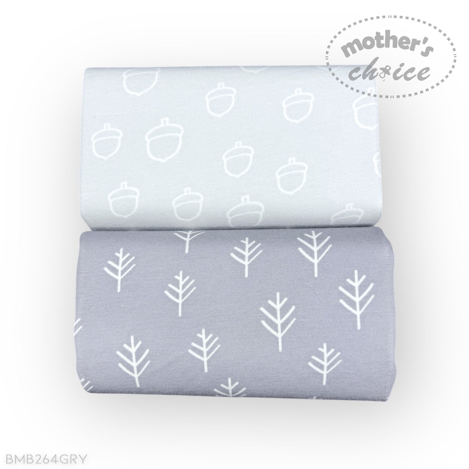 Two rolls of fabric with white patterns on a light gray background, featuring 'Mother's Choice' branding.