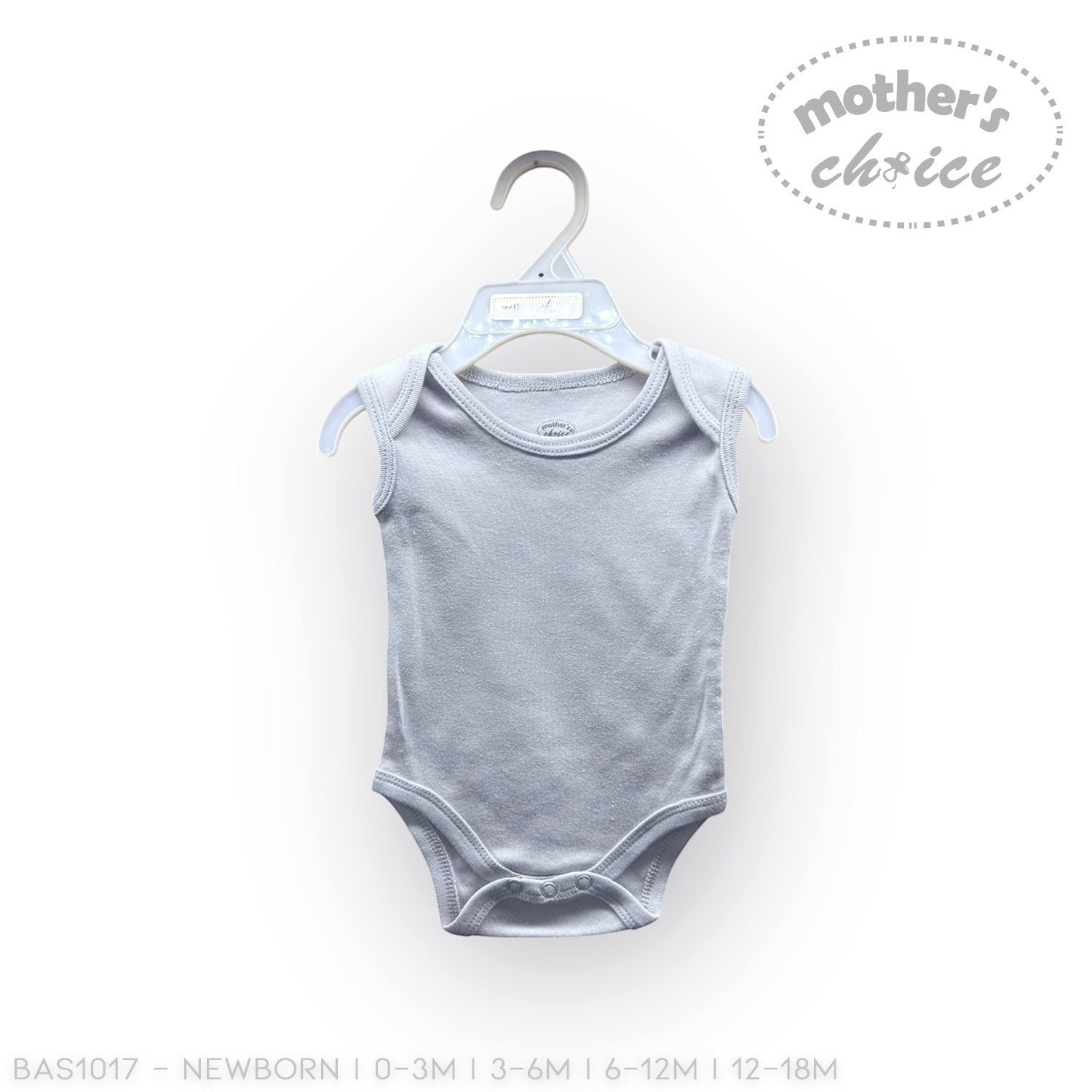 Gray baby bodysuit on a hanger with 'Mother's Choice' branding on a white background