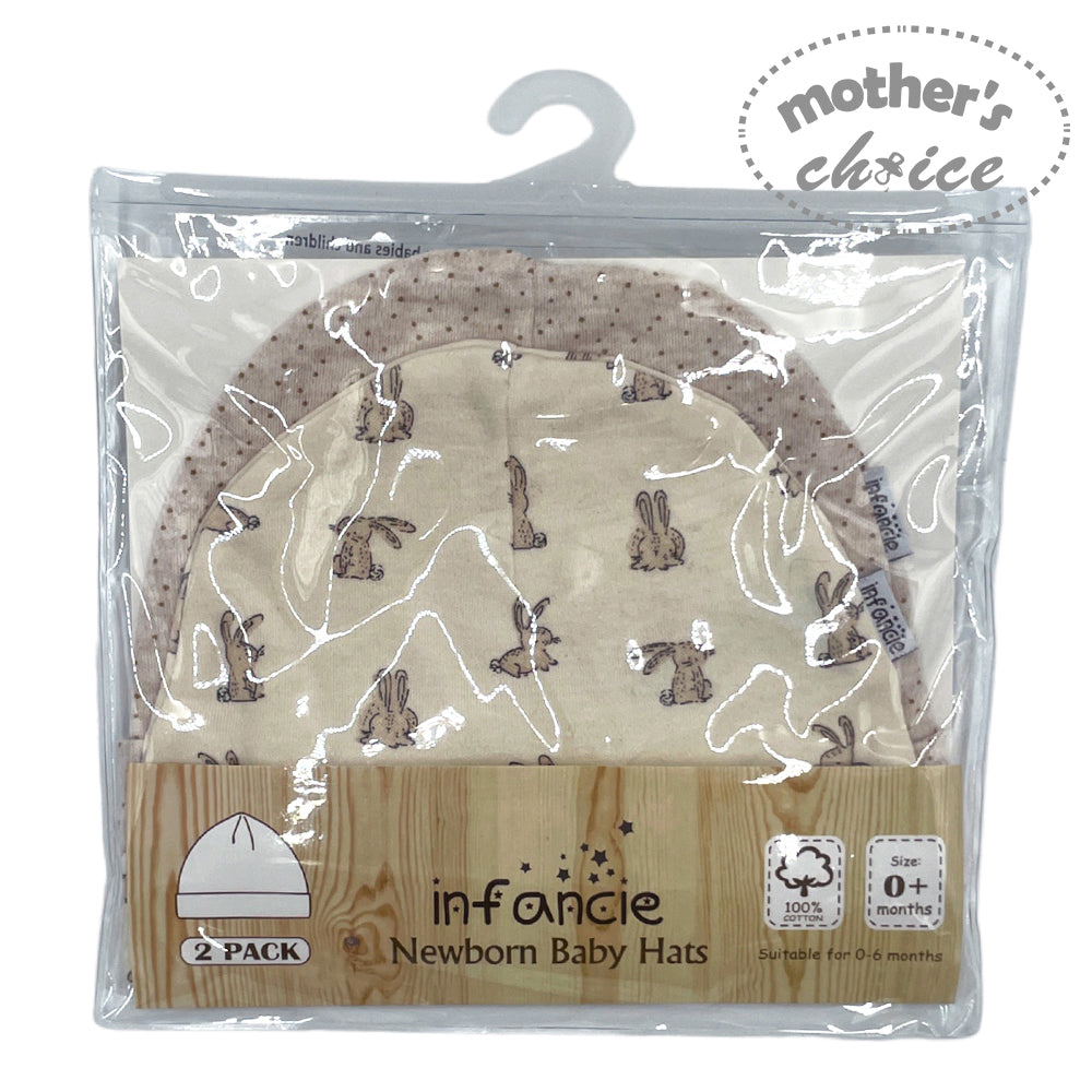 Packaged newborn baby hats with rabbit pattern, brand 'infancie' visible