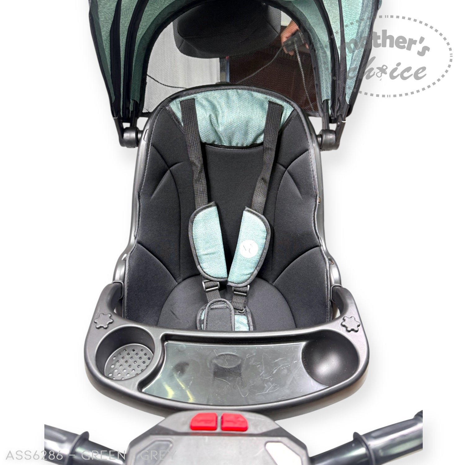 Baby car seat with a tray attached on a white background