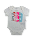 Gray baby onesie with 'Queen Vibes' text on a white background