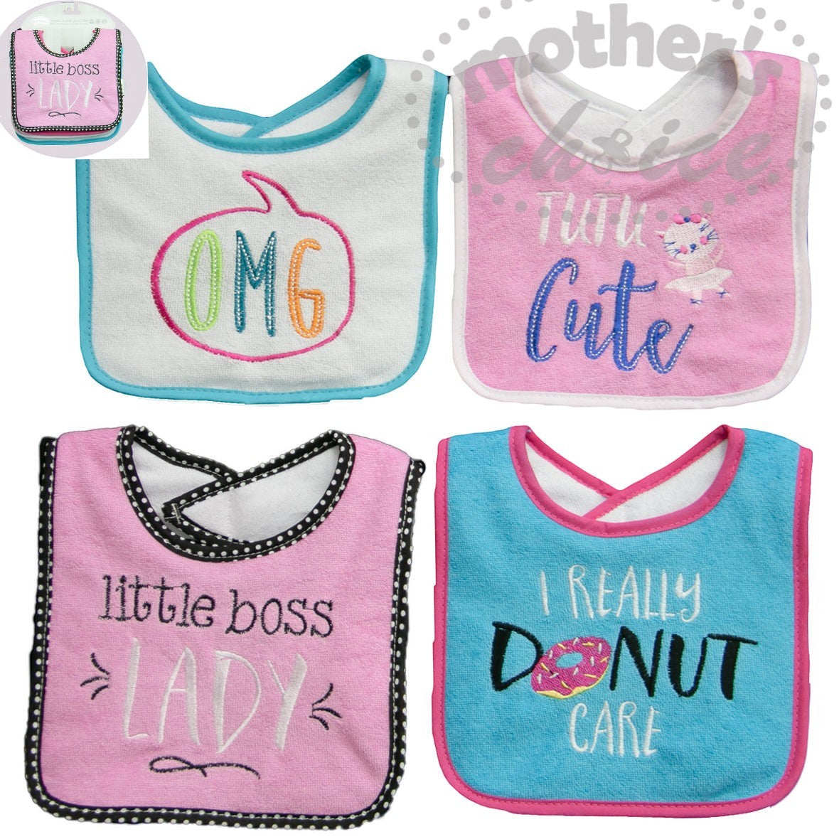 Four baby bibs with colorful text and designs on a white background.