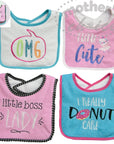 Four baby bibs with colorful text and designs on a white background.