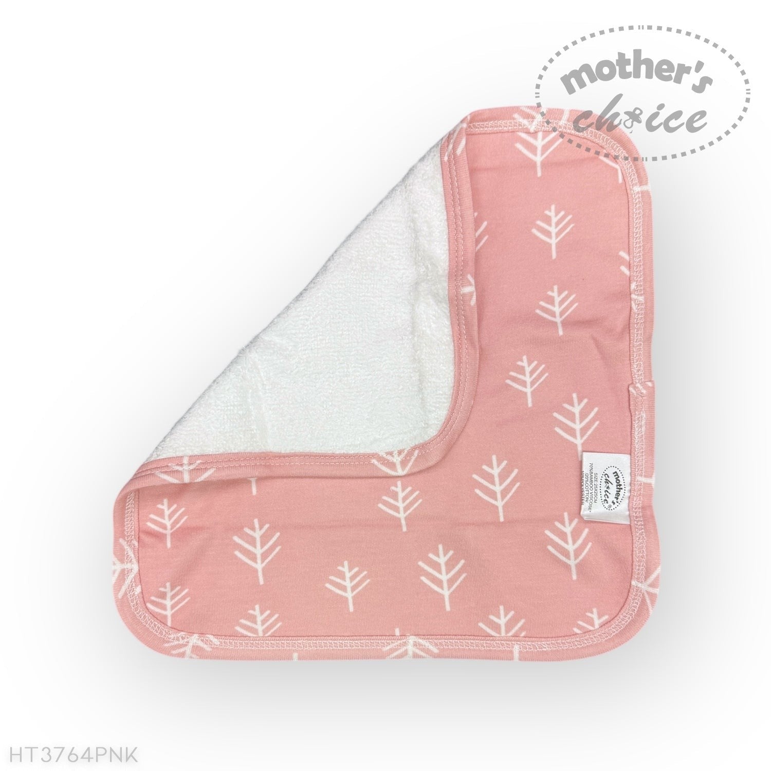 Pink baby bib with white tree pattern on a white background, featuring 'Mother's Choice' branding.