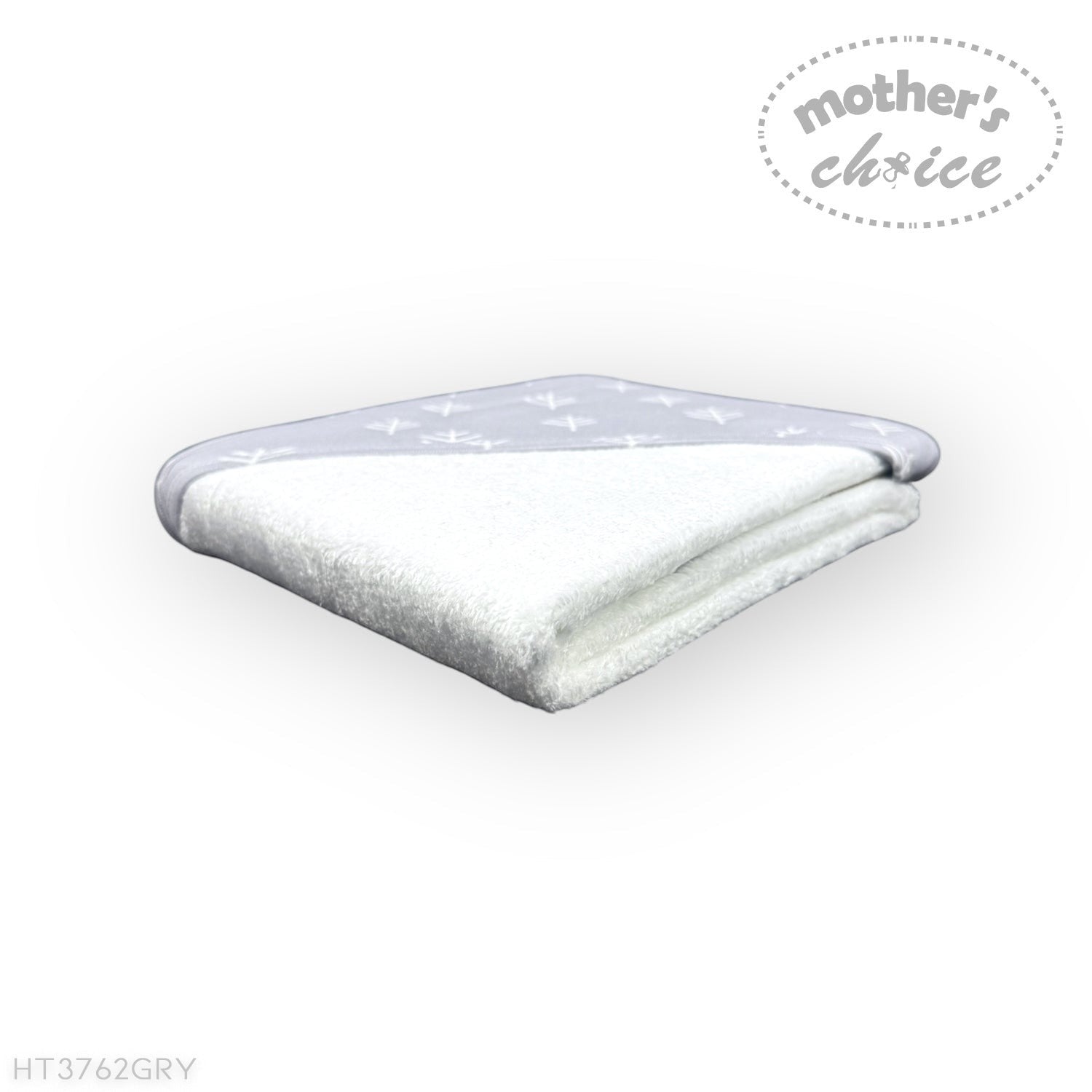 Gray baby blanket with star pattern on a white background, branded 'Mother's Choice'.